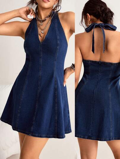 Freevana Đầm denim hở lưng cổ yếm gợi cảm cỡ lớn, mùa hè