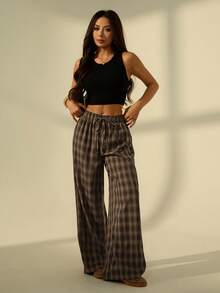 SHEIN PETITE Quần nữ màu nâu kẻ caro dáng rộng, tối giản, phong cách thường ngày. - Nhiều màu - Xem 6