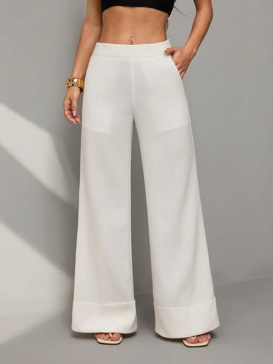 SHEIN PETITE Quần ống rộng thanh lịch dành cho nữ, kiểu dáng thời trang và thoải mái, phù hợp cho dịp Giáng sinh, Lễ Tạ ơn và trang phục công sở mùa xuân/hè. - trắng - Xem 1