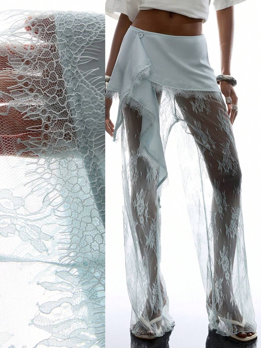 LYSMO 2026 New Arrive Minimalism Spring/Summer Women's Solid Color Fashion Lace Patchwork Fringe Decor Sheer Long Pants - Baby Blue - View 1