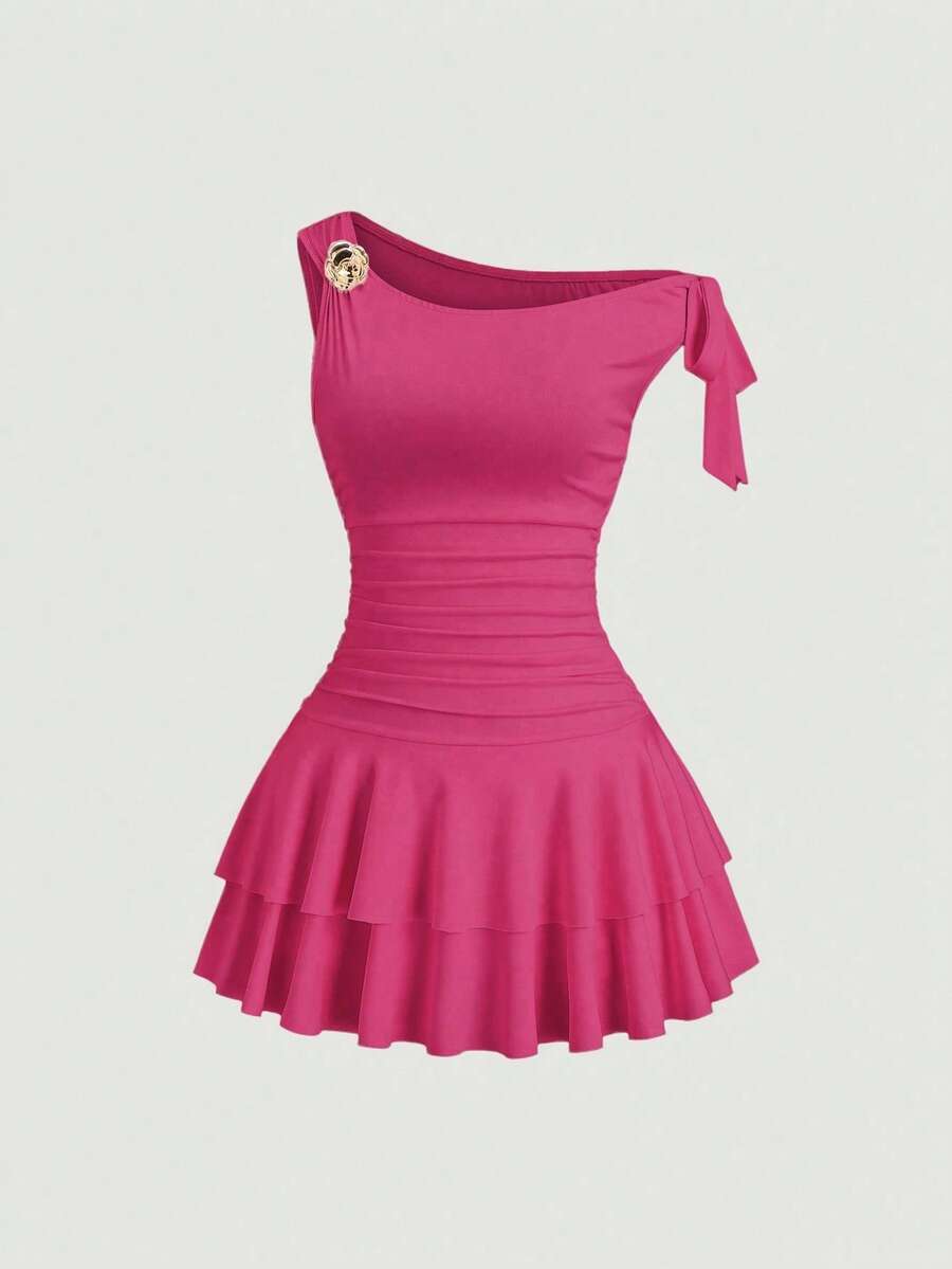 Sweetra Women's Casual Metal Decor Asymmetric Collar Dress, Summer - Hot Pink - View 1