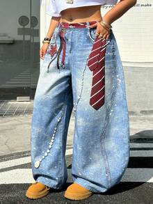 Muchica 大码女式系带口袋阔腿宽松休闲百搭牛仔裤 - 藍色 - 查看 2