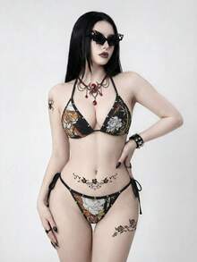 ROMWE Goth 女士哥特暗黑风露背系带虎纹数码印花铆钉装饰比基尼套装，优雅沙滩度假休闲装，适合春、夏、秋季穿着 - 黑色 - 查看 6