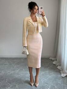 Elenzga Bộ vest vải tuýt 2 mảnh: Áo khoác blazer cổ khoét thanh lịch + Váy ôm sát không tay, trang phục sang trọng, quý phái cho mùa xuân/thu - trái cam - Xem 4