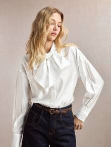 BizChic 夏季新款白色天丝莱赛尔面料蝴蝶结前开襟优雅女士衬衫，适合办公室、正式场合、通勤、休闲、浪漫90年代复古风、派对、毕业典礼、婚礼宾客、伴娘、女主人、外出、社交活动、音乐会、毕业典礼、早午餐、机场等场合。 - 白色 - 查看 5