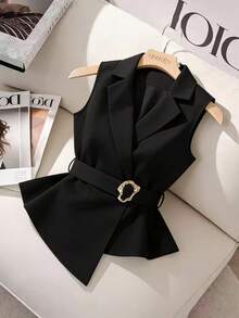 GlowEve Áo blazer nữ thời trang xuân/hè mới, kiểu dáng thường ngày, không tay, cổ chữ V, vạt bất đối xứng, thanh lịch, phù hợp công sở/mặc hàng ngày. - màu đen - Xem 4