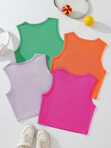 SHEIN Tween Girl Solid Color Round Neck Ribbed Casual Tank Top - Multicolor - View 2