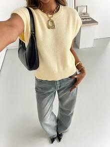 Siren Gaze Women's Solid Color Round Neck Short Sleeve Casual Loose Knit Top - Light Yellow - View 6
