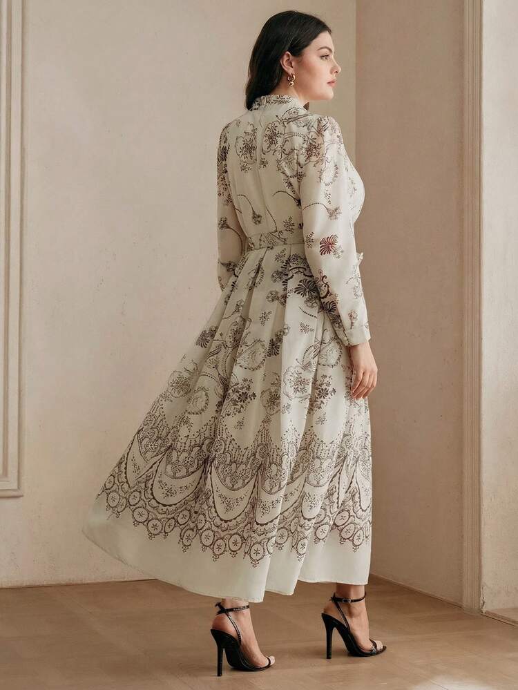 Plus Size Women's Elegant Spring/Summer Palace Style Printed Mandarin Collar Long Sleeve Rhinestone Embellished Long Dress