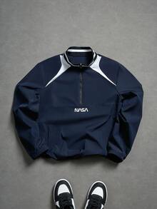 PAVTROS Men's Letter Print Long Sleeve Zip-Up Half Placket Jacket - Blue - View 1