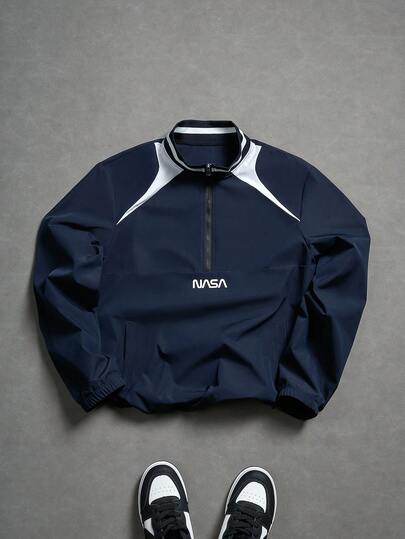 PAVTROS Men's Letter Print Long Sleeve Zip-Up Half Placket Jacket