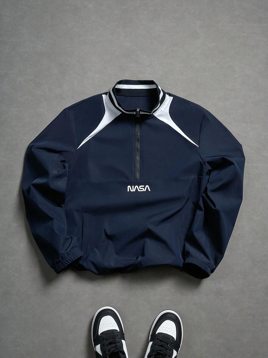 PAVTROS Men's Letter Print Long Sleeve Zip-Up Half Placket Jacket - Blue - View 1