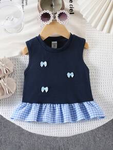 Áo không tay thời trang cho bé gái, chất liệu vải kẻ caro, thiết kế nơ, thích hợp cho mùa xuân/hè. - Màu xanh hải quân - Xem 3
