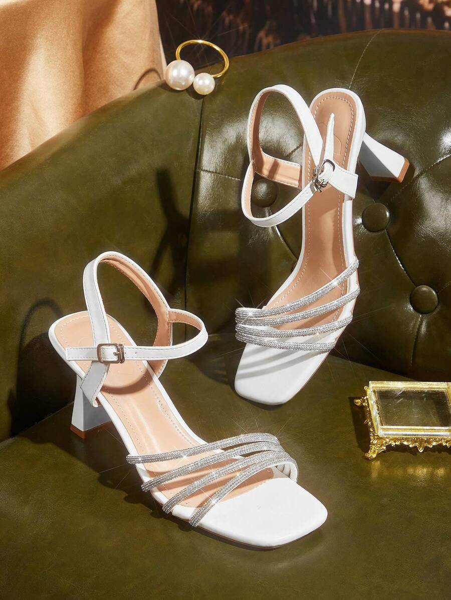 CUCCOO TILAWA Ladies Fashion Square Toe Rhinestone Decorative Elegant High Heel Sandals, Beige Spring Shoes, Spring Break, Easter, Dinner Shoes, Christmas, Valentine's Day High Heels Summer Shoes - Off-white - View 1