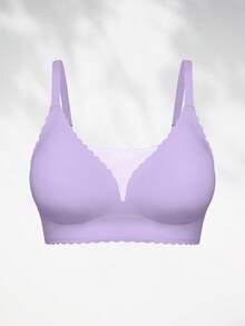 SHEIN 1pc Seamless Mesh Patchwork Solid Color Ruffled Adjustable Wireless Removable Padded Bra For Women - Lilac Purple - View 5