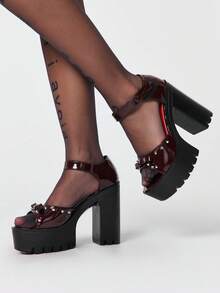 Sugerpunk Women's Fashionable And Cute Peep-Toe Open-Toe High-Heeled Sandals, Punk-Style Gothic Elegant Bow Strap Design, Thick Waterproof Platform Chunky Heel, Spring/Summer Nightclub Party Festival Slip-On Women's Shoes 2000s Style Summer Shoes - Coffee Brown - View 3
