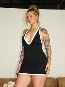 Arliah 撞色饰边深 V 领露背迷你连衣裙 - 黑色 - 查看 4