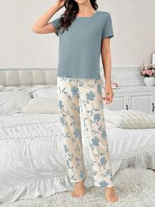 Contrast Color Casual Print Short Sleeve & Pants Women Pajama Set - Baby Blue - View 3