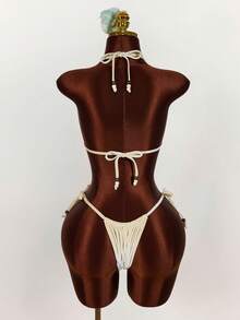 Amplova 女士三角杯串珠刺绣波西米亚风度假背心两件套，绿色，性感前卫 - 杏色 - 查看 2