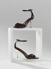 SHUZIA 女士优雅简约圆头踝带细高跟凉鞋 - 咖啡棕 - 查看 6