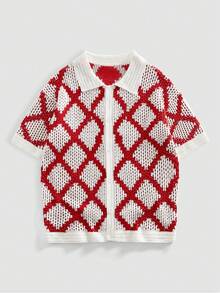ROMWE MEN Casual Cardigan Polo Lengan Pendek Berkerah Polo Motif Kotak-kotak Merah & Putih Gaya Retro Amerika, Atasan Kasual Chic untuk Pria di Musim Panas - Putih - View 6