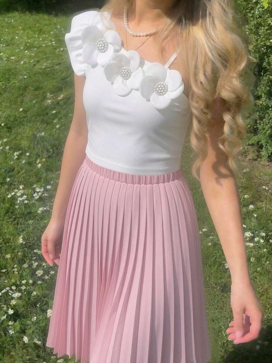 2pcs/Set Tween Girls White Summer Cute Tea Party Outfit,Elegant Beaded Floral Decor Spaghetti Strap Fitted Top&Pleated Minimalist A-Line Skirt,Casual - Pink - View 1
