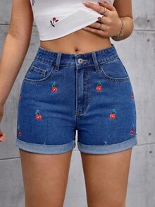SHEIN ICON 女士水果刺绣可折叠下摆宽松牛仔短裤 - 中等水洗藍 - 查看 9