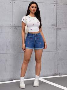 SHEIN ICON 女士水果刺绣可折叠下摆宽松牛仔短裤 - 中等水洗藍 - 查看 12