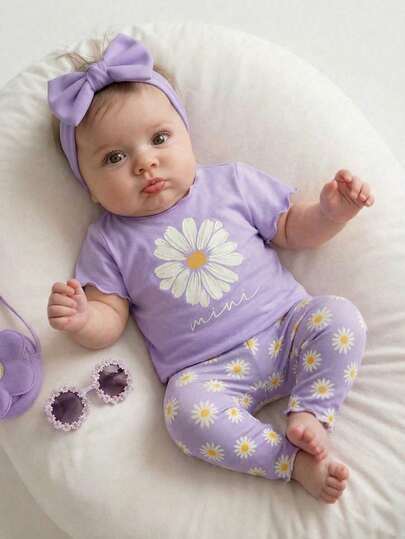 SHEIN Two Pieces Set Of Newborn Baby Girl Daisy Print T-Shirts And Shorts, Perfect For Summer. Baby Girl Purple Clothes Purple Newborn Outfits Lilac Floral Outfits Baby Girl Newborn Baby Girl Matching Set Baby Girl Lavender Outfit Baby Lavender Outfit Newborn Baby Girl Purple Outfit Sets Newborn Clothes Girl Summer Set Purple Baby Summer Outfit Baby Flowers Outfits