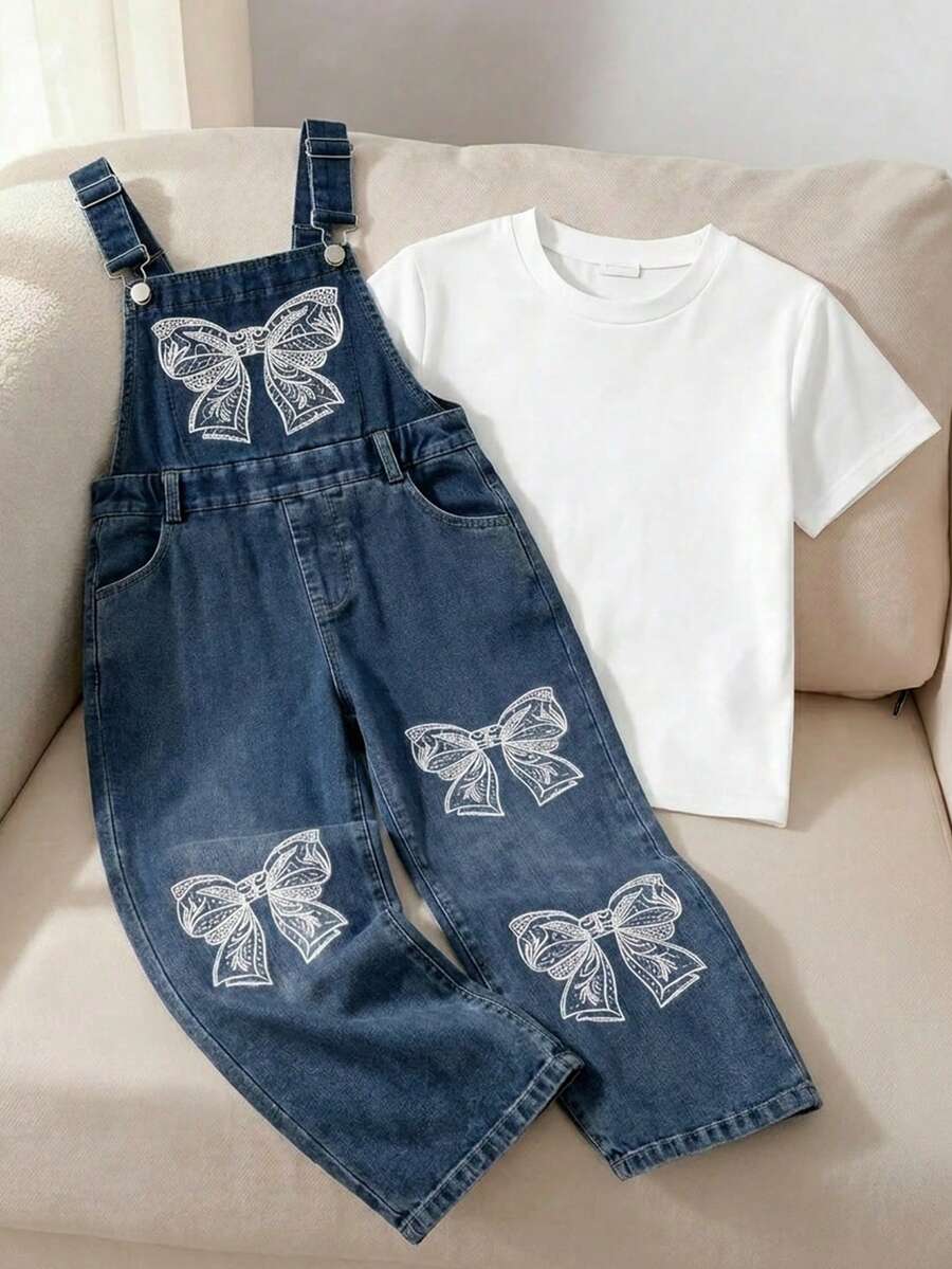Tween Girls' Bow Print Jumpsuit,Straight Wide-Leg Blue White Suspender Style Denim Overalls For Summer,Casual,School,Back-To-School Outdoor Activities