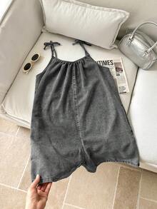 SHEIN 少女纯色休闲牛仔连体裤 - 黑色 - 查看 4