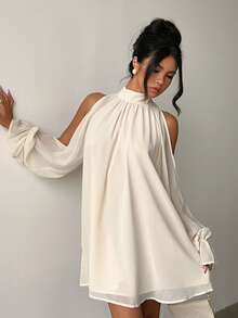 Aloruh 女士夏季新款杏色优雅性感简约时尚浪漫约会婚礼宾客外出派对露肩雪纺迷你连衣裙 - 杏色 - 查看 3