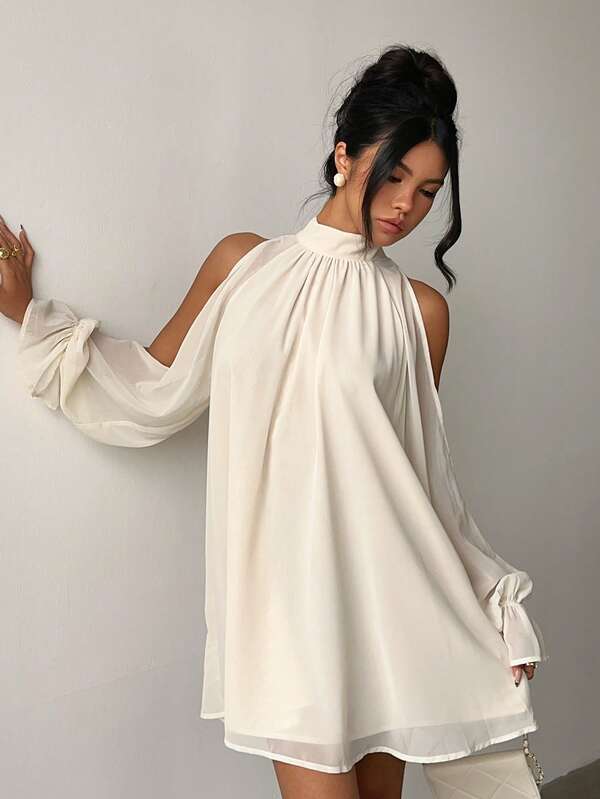 Aloruh Vestido Curto de Chiffon com Ombros de Fora, Elegante, Sexy, Minimalista, Romântico, para Festa, Casamento, Encontro, Mulheres, Verão