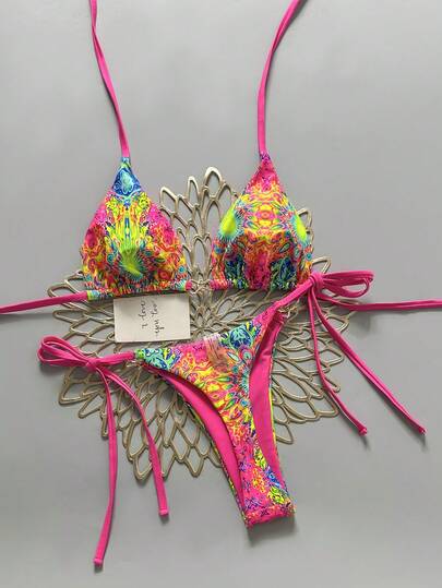 Swim Mod 女士夏季沙滩印花露背系带性感比基尼和三角泳裤套装