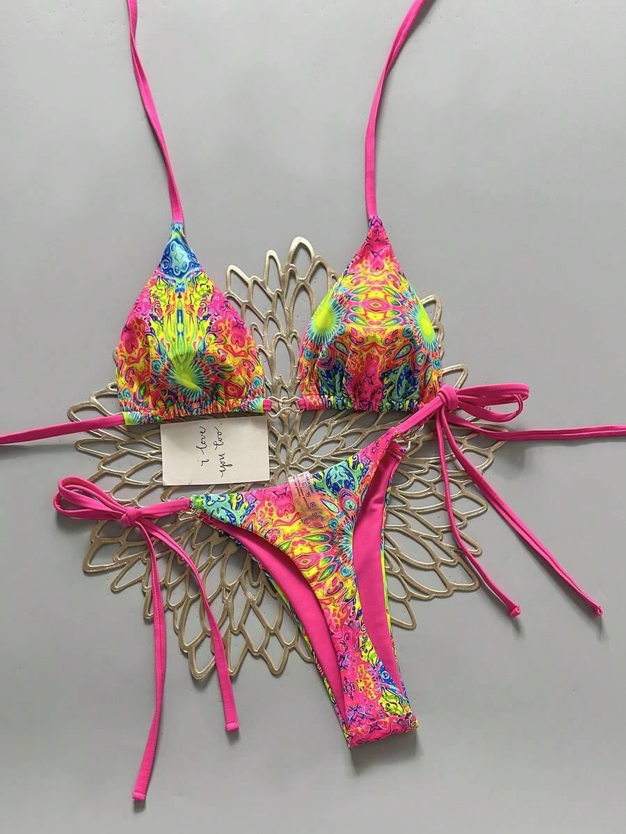 Swim Mod 女士夏季沙滩印花露背系带性感比基尼和三角泳裤套装 - 彩色 - 查看 1