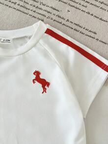 SHEIN 女嬰 2件/套 春季套裝 白色與紅色 夏季休閒城市度假運動風 寬鬆刺繡短澎澎袖上衣&條紋長褲 - 白色 - 查看 3
