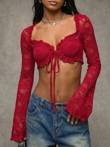 SHEIN BAE 女装夏季性感蕾丝演唱会外出约会毕业典礼荷叶边超短胸杯细吊带长袖白色夏季女上衣 - 酒紅色 - 查看 7