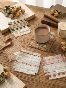 Cirelle Posavasos con flecos de estilo Fair Isle - Tapete cuadrado tejido a mano, decoración de mesa inspirada en lo nórdico para la hora del té - Multicolor - Ver 2