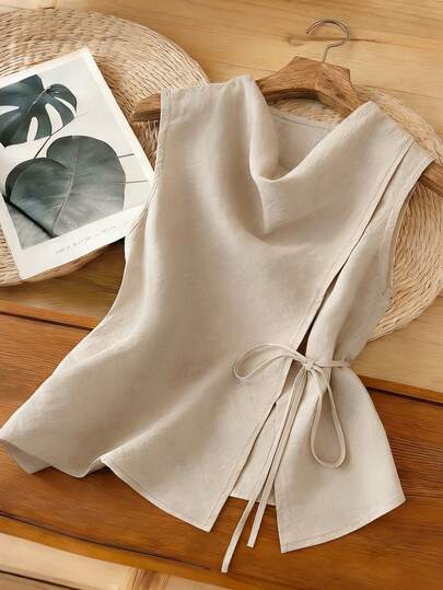 Linhara New Lightweight Linen-Like Fabric Khaki Plus Size Cinched Waist Sleeveless Top With Belt, Slimming Fit Summer Outfit