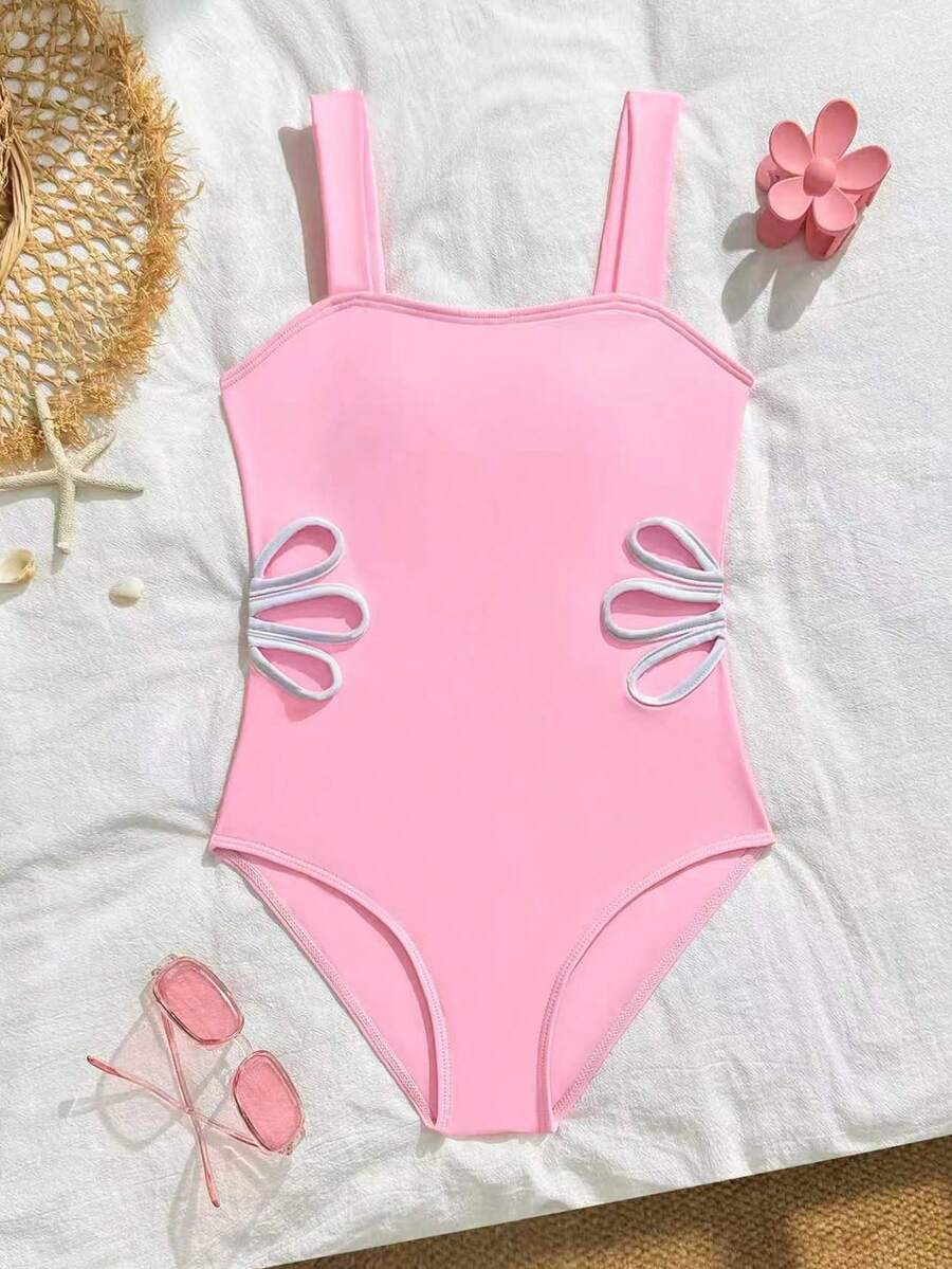 SHEIN 少女粉色鏤空腰部 1 件式泳衣,可愛花卉夏季海灘度假泳裝,快乾親膚泳衣 - 粉色 - 查看 1