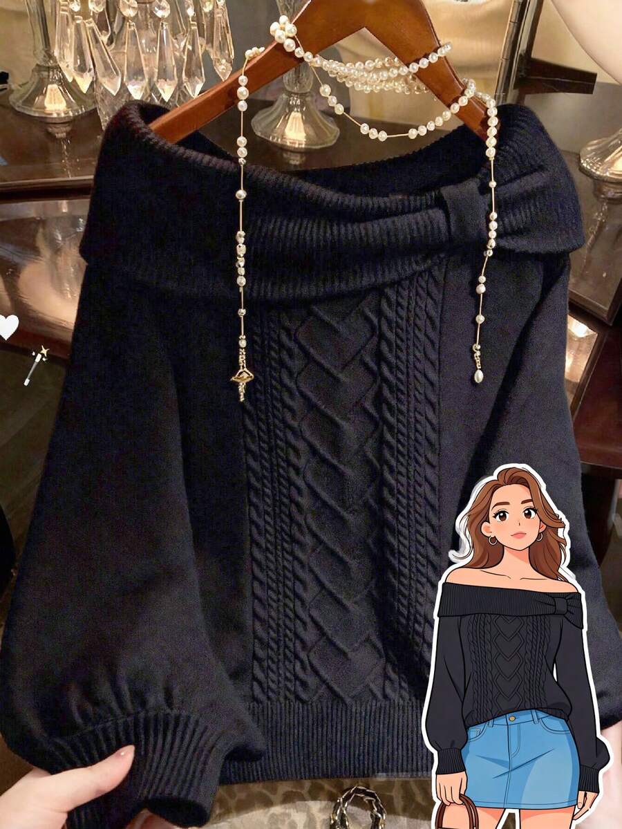 GlowEve CURVE Áo len trễ vai dáng rộng thanh lịch cỡ lớn dành cho nữ, thích hợp cho các buổi đi chơi và dự tiệc cưới, mùa thu/đông - màu đen - Xem 1