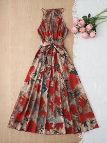 GlowEve CURVE Women's Elegant Floral Print Dress, Spring/Summer Holiday Outfit, New Arrival Spring Long Sleeve Cinched Waist Dress, Graceful Holiday Dress For Ladies - Multicolor - View 2