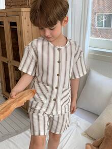 Dazy Kids 两件套幼儿男童条纹衬衫短裤套装，休闲装 - 米色 - 查看 5