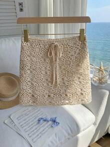Comfortcana Plus Size Women Floral Crochet Waist Tie Casual Mini Knit Skirt, Spring/Summer In Fall/Winter Crochet Skirt - Beige - View 4