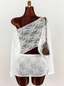 Amplova Romantic Boho New Lace Sheer Asymmetric Shoulder Cover Up Top & Tie-Up Mini Skirt 2-Piece Set For Women - White - View 2