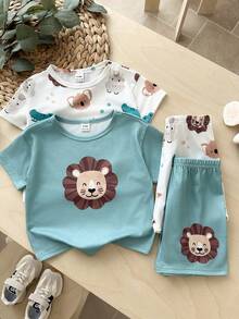 LMoss Kids 4件套男婴可爱动物印花休闲T恤和短裤家居服套装 - 彩色 - 查看 4