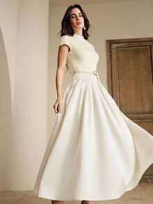 Anewsta New Elegant Round Neck Cap Sleeve Knit Patchwork A-Line Dress With Waist Belt For Women - Apricot - View 4