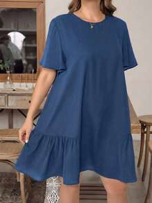 SHEIN Essnce Plus Size Women's Summer Casual Everyday Dark Blue Short Sleeve Dress,Loose Comfortable Fashion Ruffles Basic Dress,Old Money Style Church Work Outfit - Blue Day - View 5