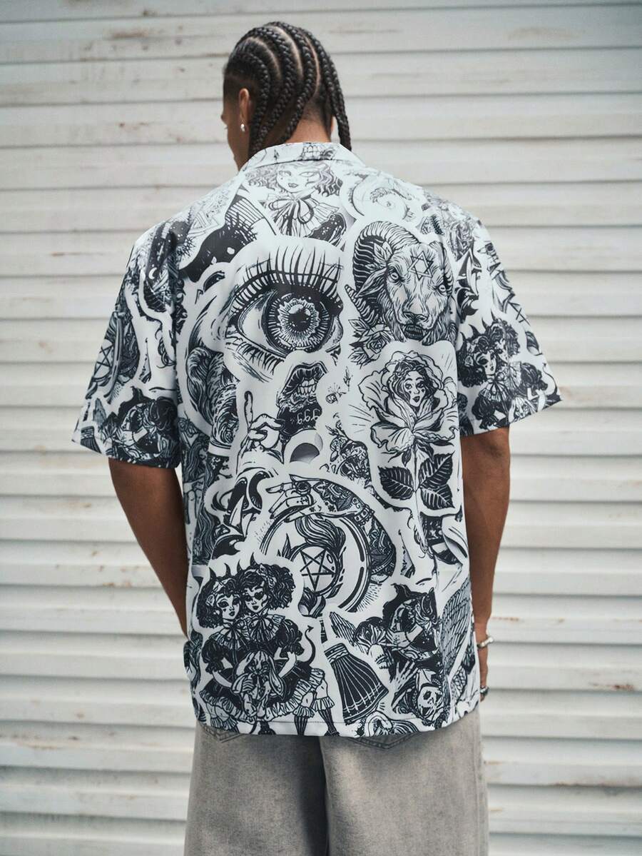 Modcrash Men's Shirt, Streetwear Floral Vintage Minimalist Casual, Relaxed Fit, Beach, Spring Summer, Black, Unisex - Black - View 1