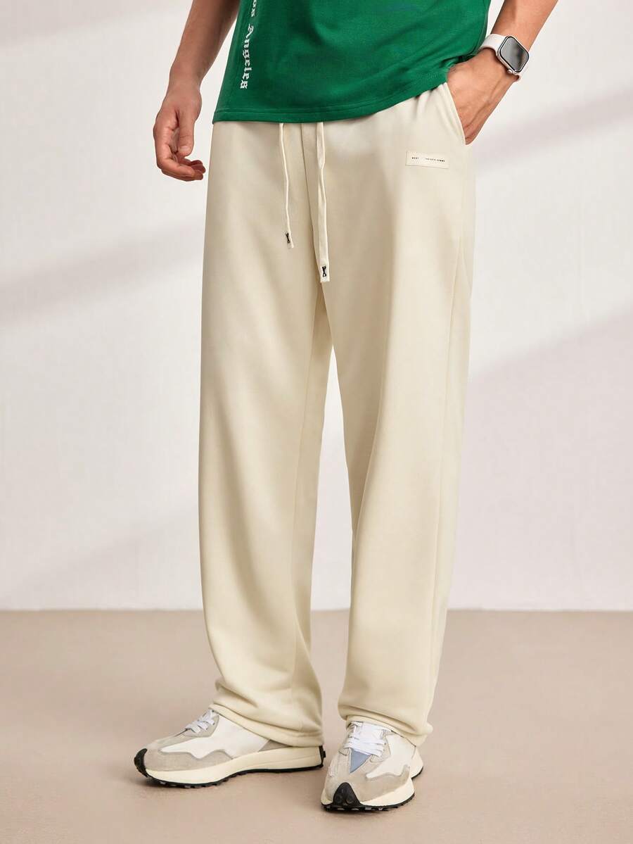 Driftmere 男士针织直筒裤，字母印花，休闲高街风格，宽松版型，适合春秋夏 - 杏色 - 查看 1